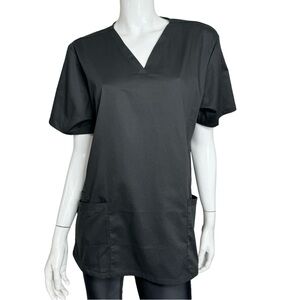 4/$24 Blossom Uniform Sort‎ Sleeve V-Neck Black Smock Scrub Top